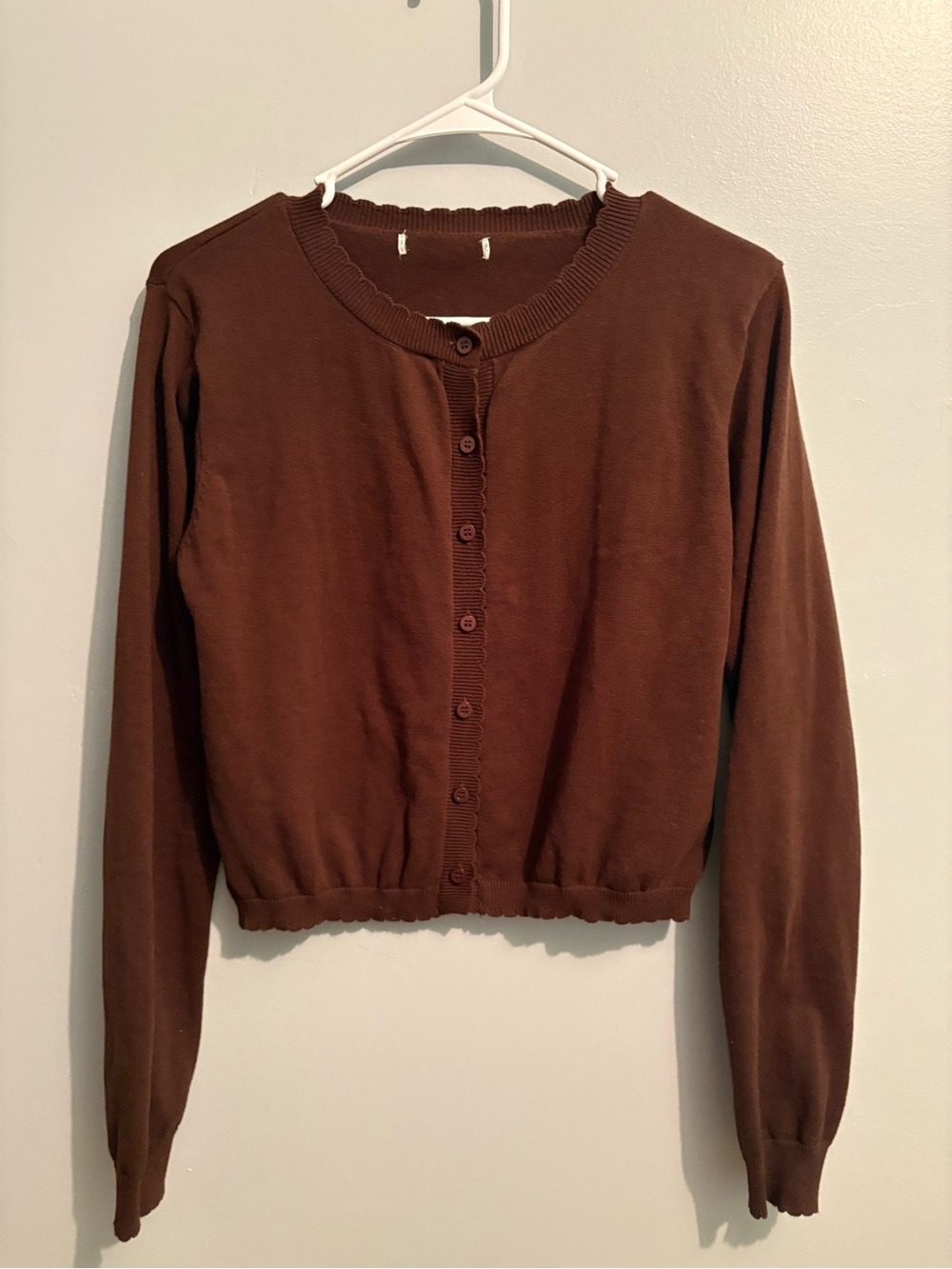 Chocolate Brown Cropped Button-Front Cardigan Scalloped Hem Women’s Size Small - Picture 5 of 8